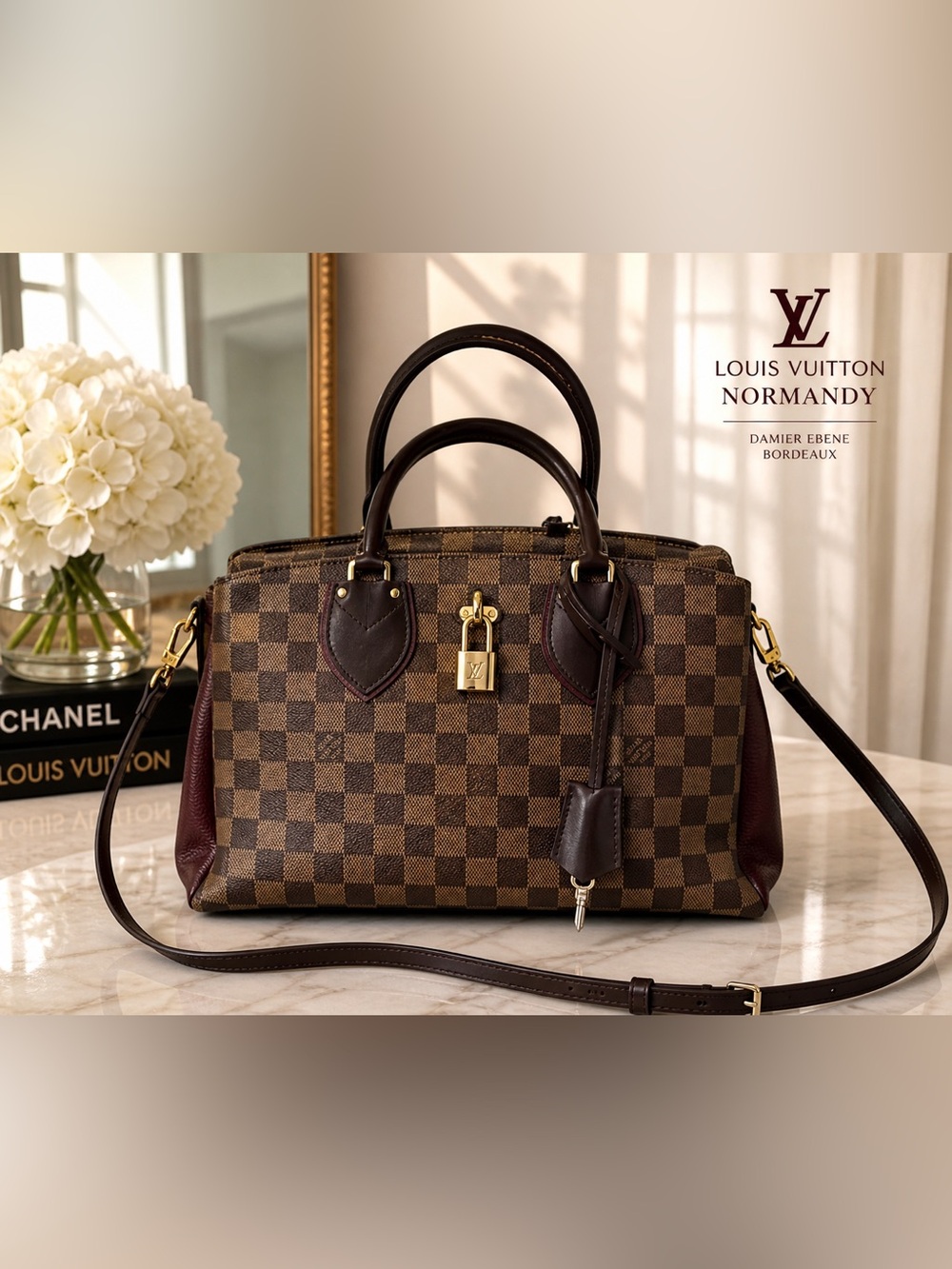 Louis Vuitton Normandy Damier Ebene Bordeaux Leather Satchel Crossbody Bag Key